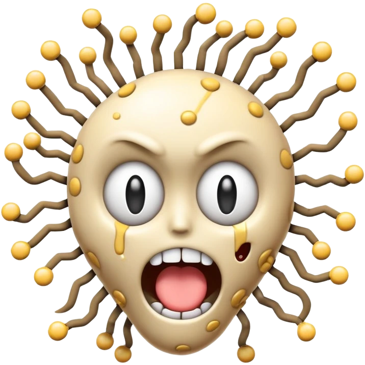 absolutely insane emoji with eyes popping out of sockets on springs, brain partially exposed, multiple gigantic polka-dotted tongues flailing in all directions, tiny explosions around head, face melting, completely deranged look emoji