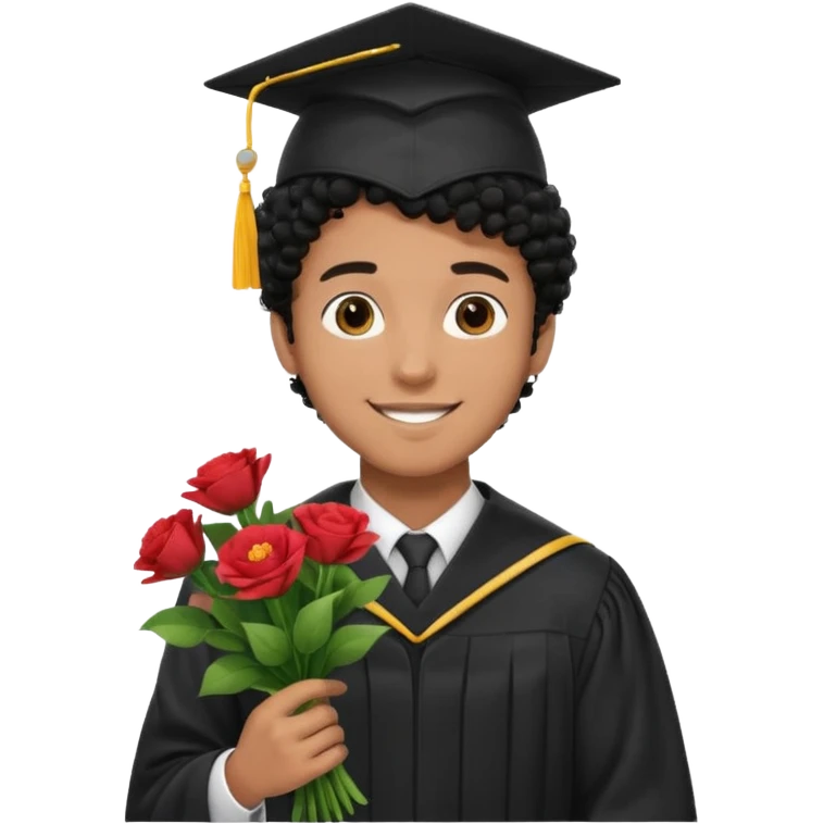Graduated Students, Male,  brown skin, black curly hair, wearing graduation cap, holding bouquet of flowers
 emoji