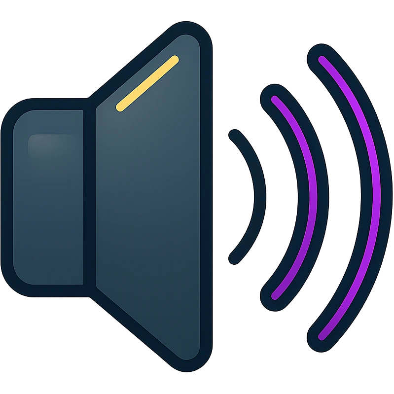 speaker with sound waves, elegant dark metal with subtle glow, waves in purple to pink gradient with neon effect emoji