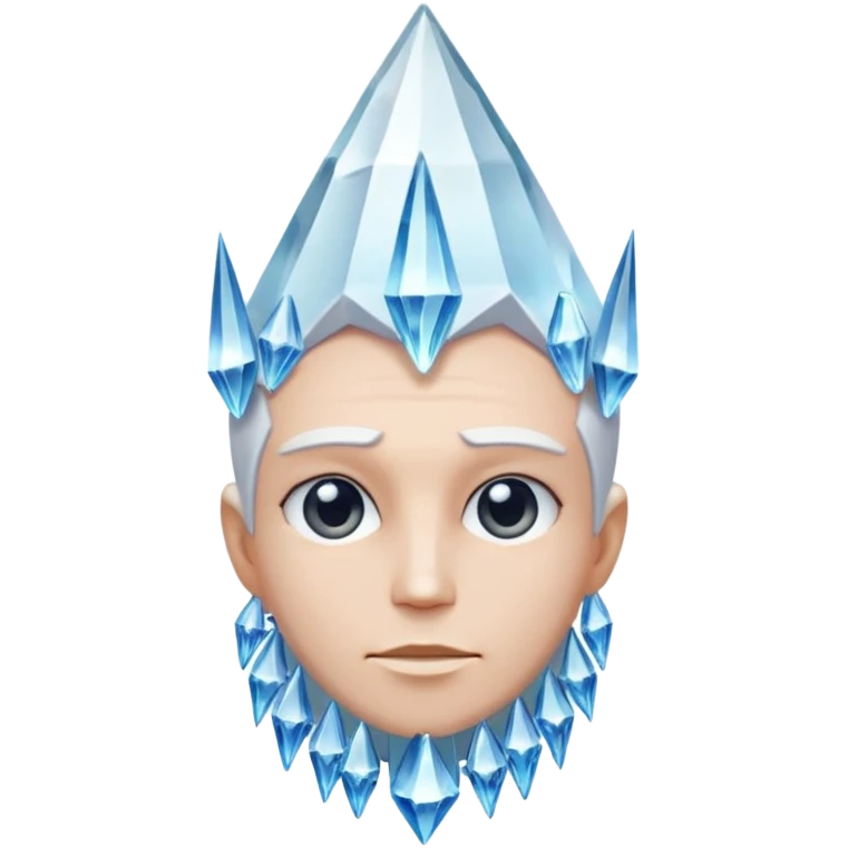 A single crystal character inspired by a clear quartz cluster, chunky base with many tall transparent crystal spikes growing upward all around it with a face emoji