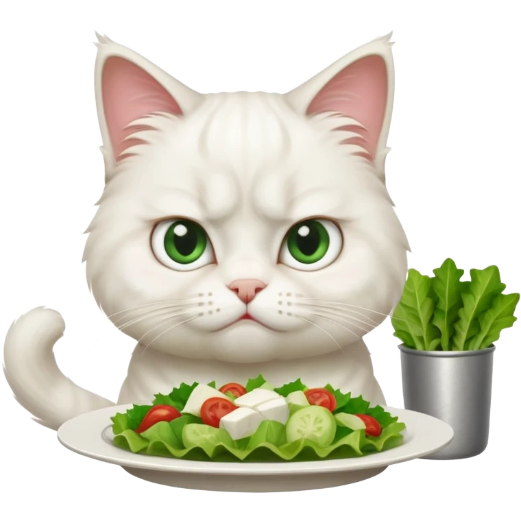 grumpy white cat sitting at a table, looking confused with its ears slightly back. In front of the cat is a plate with a salad with mouth a little open, and disagreement in the cat's face emoji