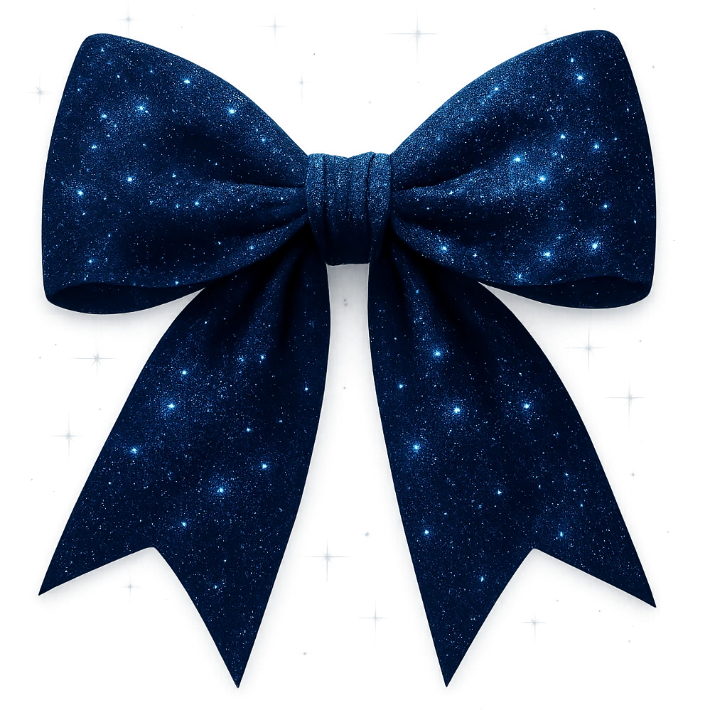 Add extra glitter and sparkling effects to the midnight bow with dark blue velvet texture, shimmering with silver flecks, and a faint ethereal glow. Keep the background transparent. Maintain the look of a midnight bow with dark blue velvet fabric and silver flecks. emoji
