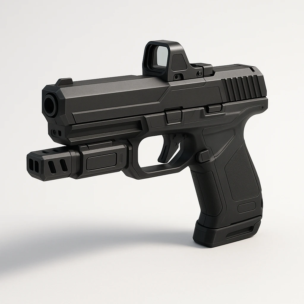 photorealistic 3D render of a compact sci-fi handgun, matte-black, angular slide, integrated reflex sight, polymer frame, extended barrel with compensator and vent ports, minimal controls, magnetic slide lock, futuristic magazine well, smart sensor panels, side view, white or grey background, soft shadow, modern tactical sci-fi style emoji