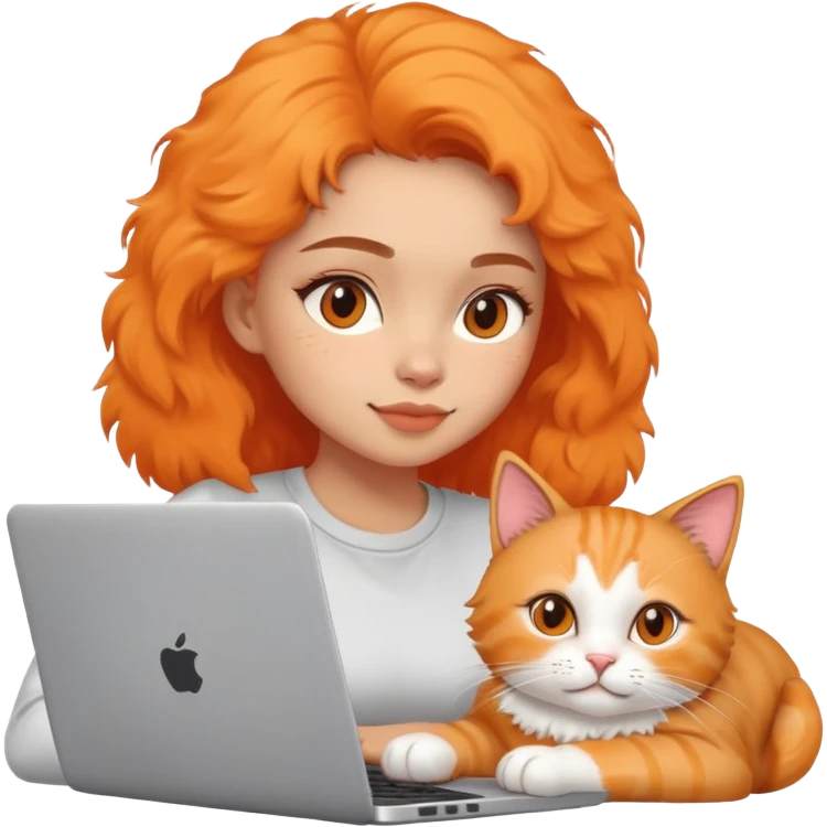 A girl is working on a laptop with a cat lying next to it emoji