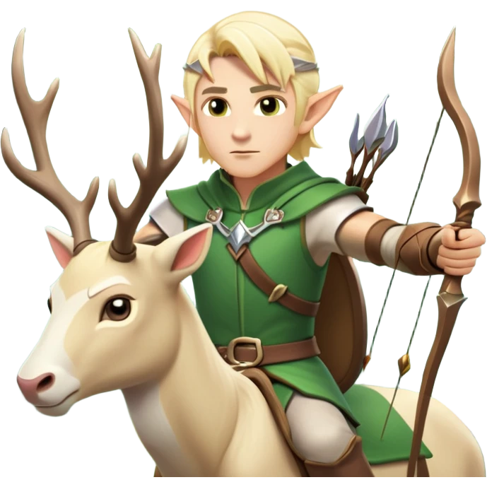 clash-of-clans-aesthetic-blond-male elf-archer-portrait-emoji, rendered in a flat, vector-style with minimal shading and bold, simplified shapes, head tilted slightly forward with a determined, focused expression, riding a majestic white stag whose antlers glow with mystical energy, set against an ancient, enchanted forest backdrop. emoji