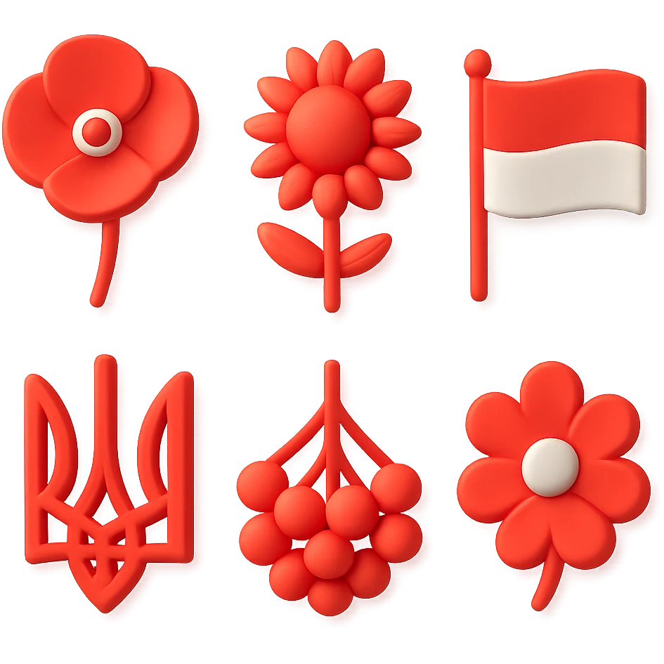 3D illustrative icon set: red poppy, sunflower, Ukrainian flag, trident, red viburnum, cornflower, bread, stork, Ukrainian house. Grid 2x3, organic spacing, illustrative style emoji
