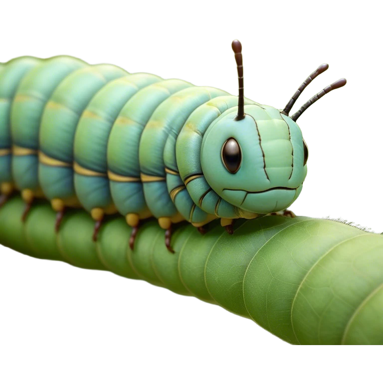 Beautiful and Majestic Caterpillar Portrait Emoji, Head and body rendered in serene repose with a gentle, content smile, showcasing a delicately segmented form with softly textured hues and eyes peacefully closed in tranquil slumber, Simplified yet exquisitely endearing features, highly detailed, glowing with a soft, drowsy natural light, high shine, relaxed and utterly noble, stylized with an air of graceful metamorphosis, soft glowing outline, capturing the essence of a beautiful and majestic caterpillar that embodies the quiet promise of transformation! emoji