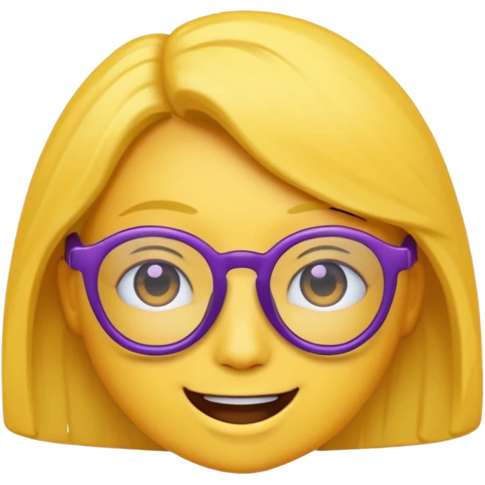 un emojis amarillo, con el cabello negro corto lacio,   con lentes violeta y una sonrisa emoji