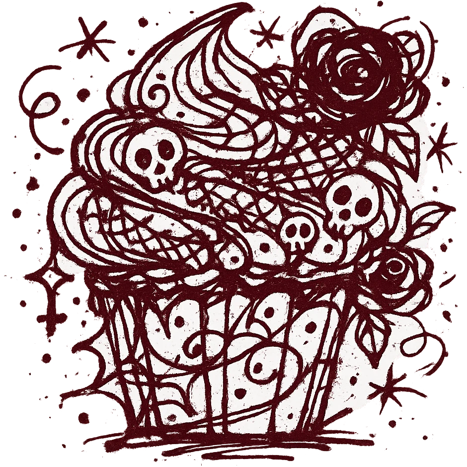Gothic cupcake in chaotic doodle style, burgundy color, with gothic decorations such as black lace, tiny skulls, and dark roses, no background emoji