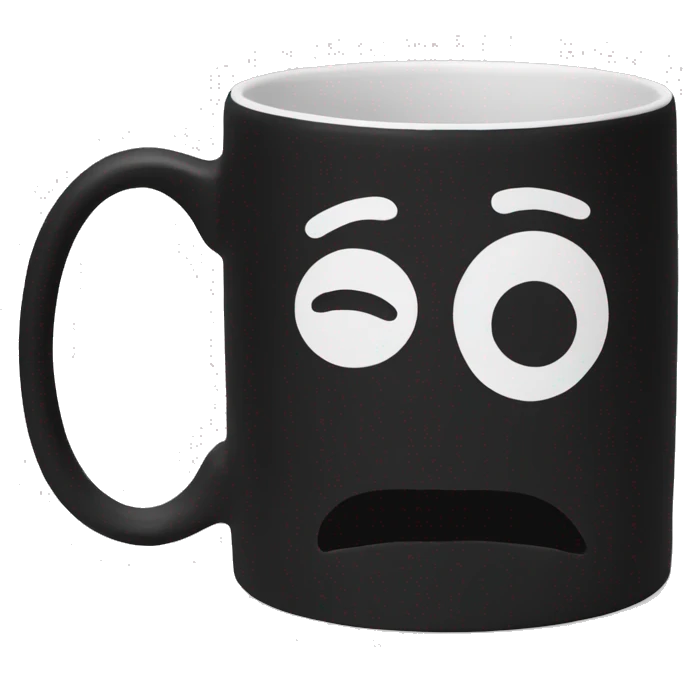 Black ceramic round mug, white on the inside, rubbery on the outside emoji