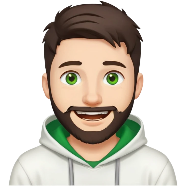 laughing guy with white hoodie, white t-shirt underneath, green eyes, dark brown undercut hairstyle and a short full beard emoji