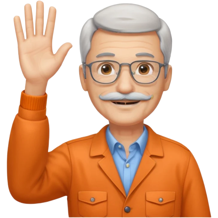 60 yr man with partially gray hair, mustache, light glasses, work clotheswaving hello emoji