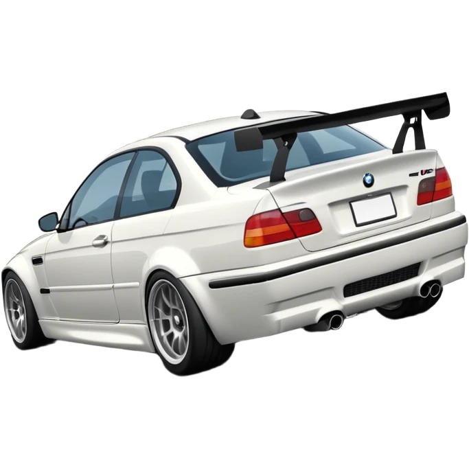 

A white BMW M3 E46, seen from behind at a certain angle, is drifting through a corner; the wheels are not straight, they are changing according to the rotation of the drift. emoji