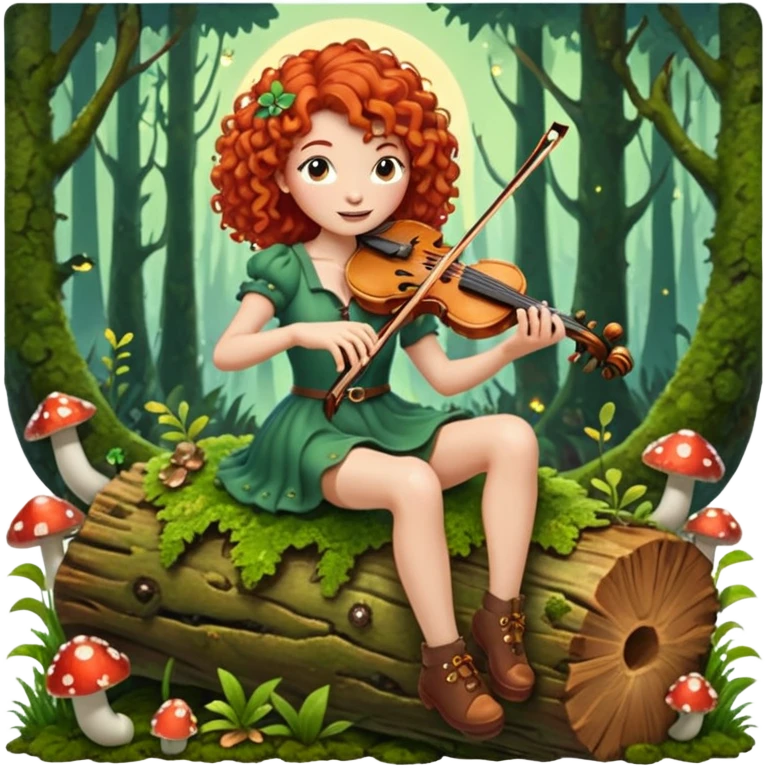 forest sticker character, curly red-haired woman playing violin on mossy log, mushrooms and fireflies around emoji