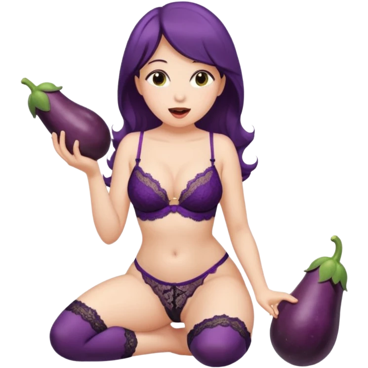 lady in lace lingerie kneeling and holding eggplant in mouth emoji