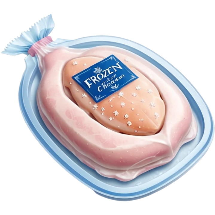 A pack of frozen chicken breasts sealed in transparent plastic packaging, covered with frost and ice crystals. The meat looks pale pink with a slight icy glaze, sitting in a freezer with cool blue lighting. Realistic detail, cold atmosphere, food photography style. emoji