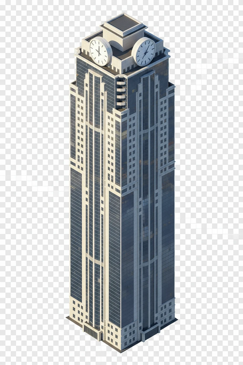 Изометричная, яркая, детализированная, объемная и фотореалистичная отдельная иллюстрация Башни «Феникс» в Грозном. Чёткие контуры, не размазанные линии, высокое качество, прозрачный фон, не обрезать края картинки emoji
