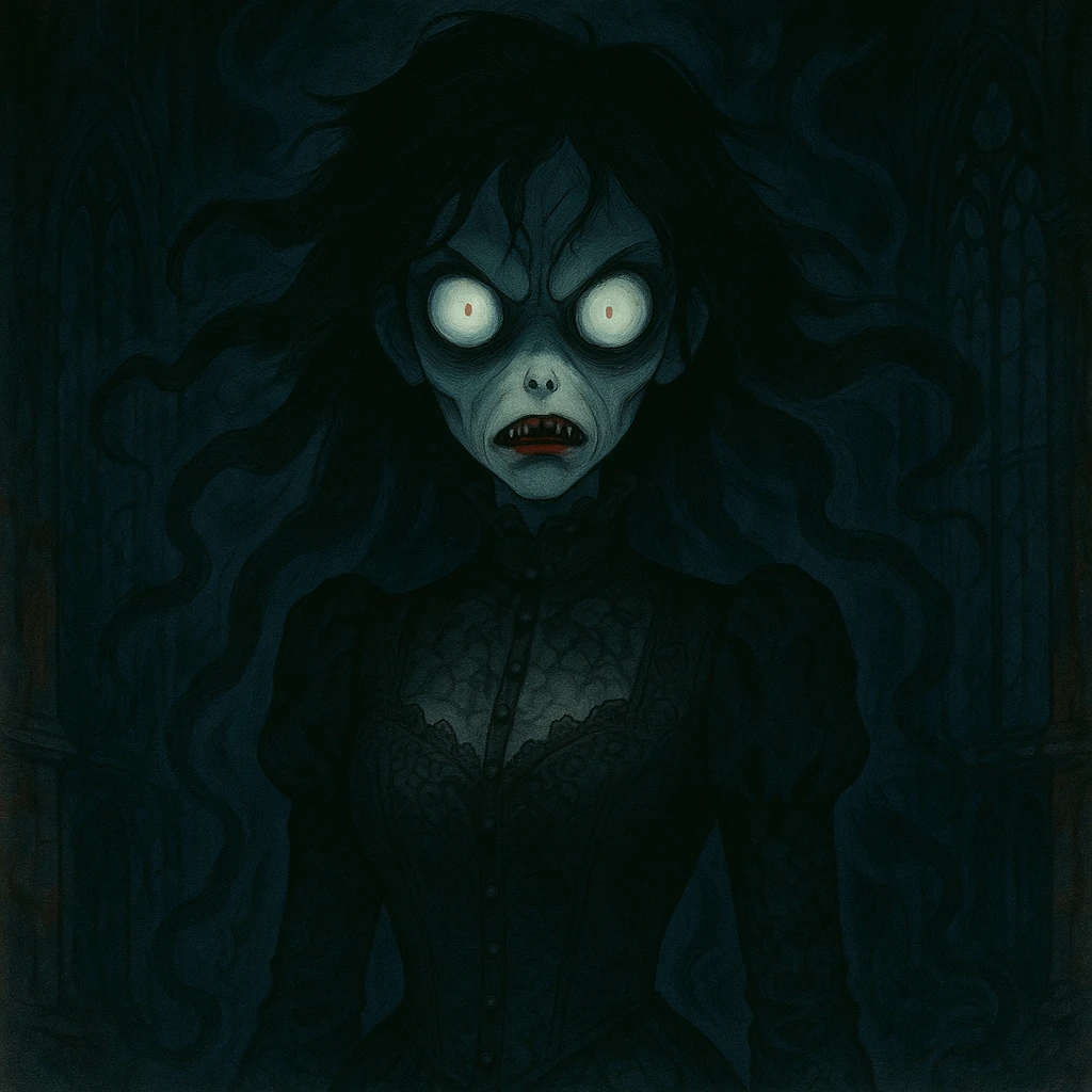 Make the beautiful scary girl much scarier by adding disturbing supernatural features and intensifying the horror while keeping her haunting beauty in a gothic horror style. emoji