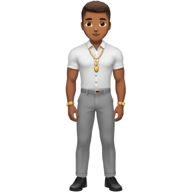 Handsome Black guy with brown skin tone, with lean muscular build, wearing gray slacks, a white button up top, black shoes, and a gold chain emoji