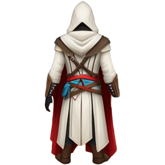icon featuring Assasin's Creed in an iconic assassin's hood, standing tall against the backdrop of Florence. The design captures the essence of adventure, with intricate details of historical architecture and a sense of mystery. The character is poised, ready for action. transparent background. emoji