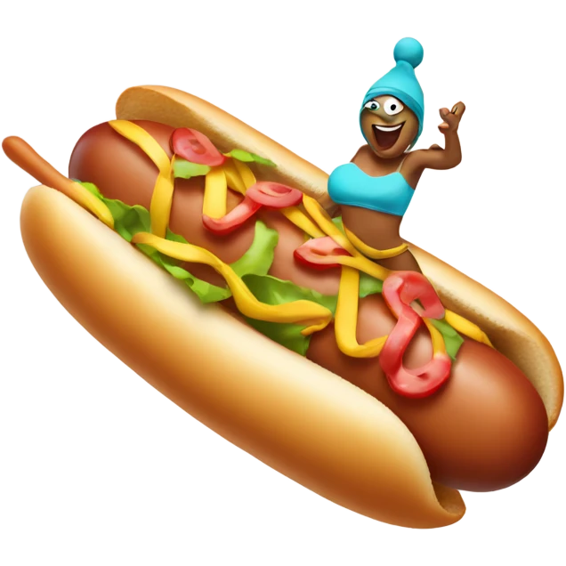 dancing hot dog wearing a bikini while skiing emoji