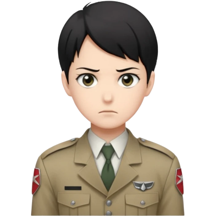 short black neat hair, sharp dark gray eyes, pale skin, serious expression, upright posture, minimal accessories, sharp and precise style. Levi Ackerman  emoji