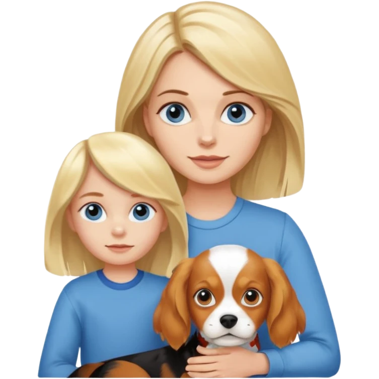 Blond Mom with little blondie blue eyed girl with cavalier charles spaniel trocolora girl emoji