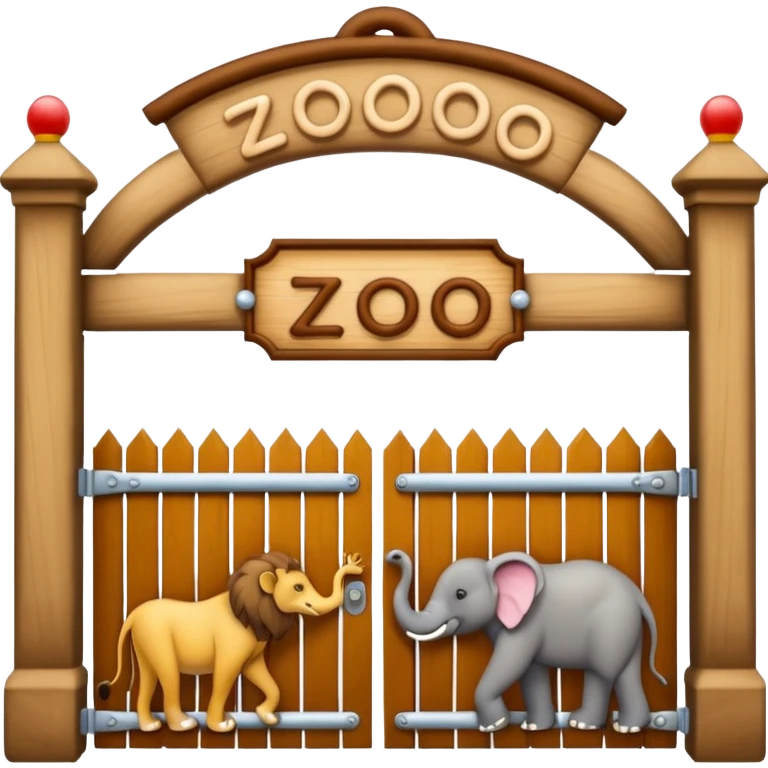 wooden zoo entrance gate with the word 'zoo' on top, featuring an elephant, lion, kangaroo, and monkey, natural hand-crafted emoji style, not AI-generated emoji
