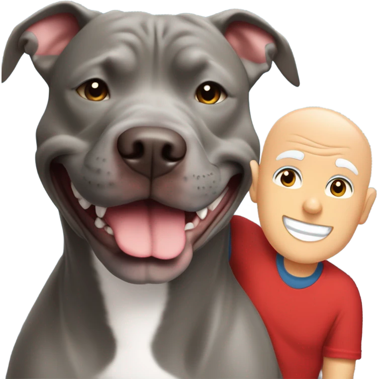 large gray male pit bull smiling and hugging bald white mature man no beard blue eyes with red tshirt emoji