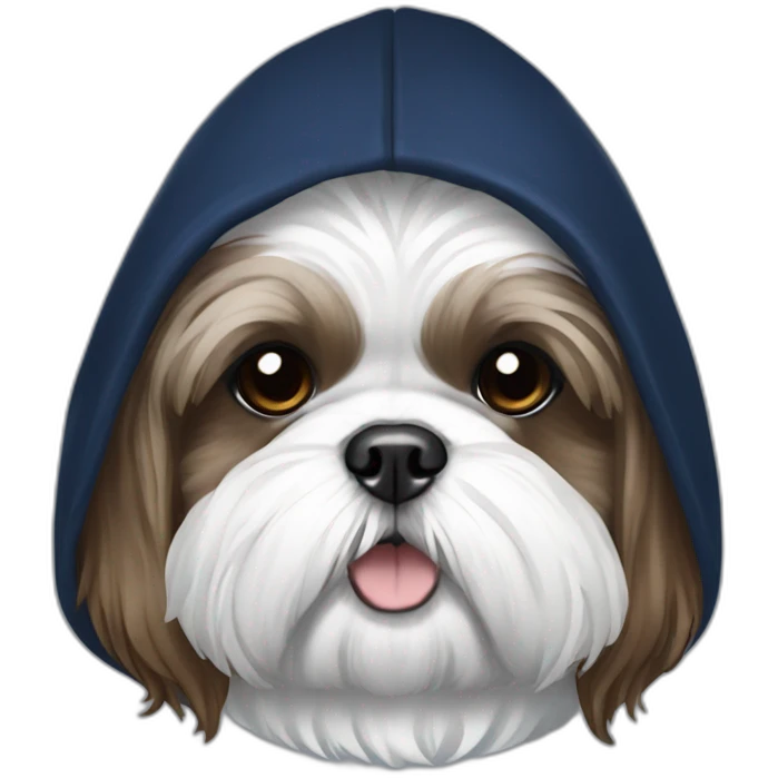 White and brown Shih tzu in navy blue coat with hood emoji