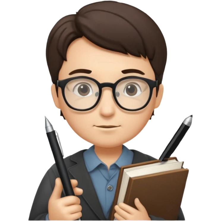 writer holding big pen in hand and closed book in other hand, wearing glasses emoji