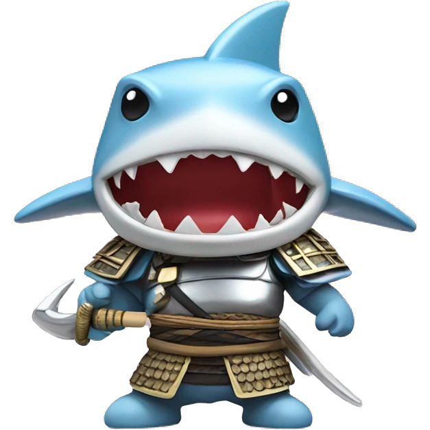 A 3D-style chrome figurine of a shark in a samurai outfit. emoji