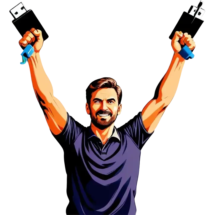 Man holding both arms in the air and holding an electrical cable emoji