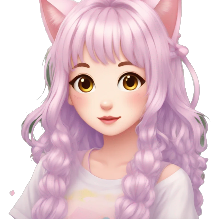Gorgeous pastel anime girl with blushing face and hair garnitures and pretty hair and cat ears aesthetic trending style emoji