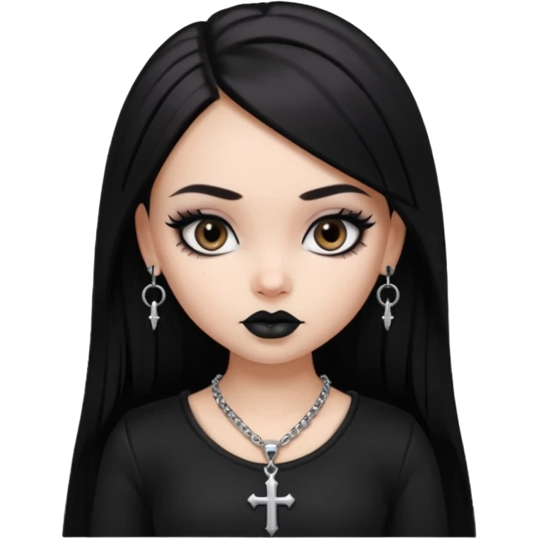 generate a pretty bratz girl in black goth top, black lipstick, black eyeliner, dark brown eyes. Dark brown hair straight long. wearing a silver cross necklace emoji