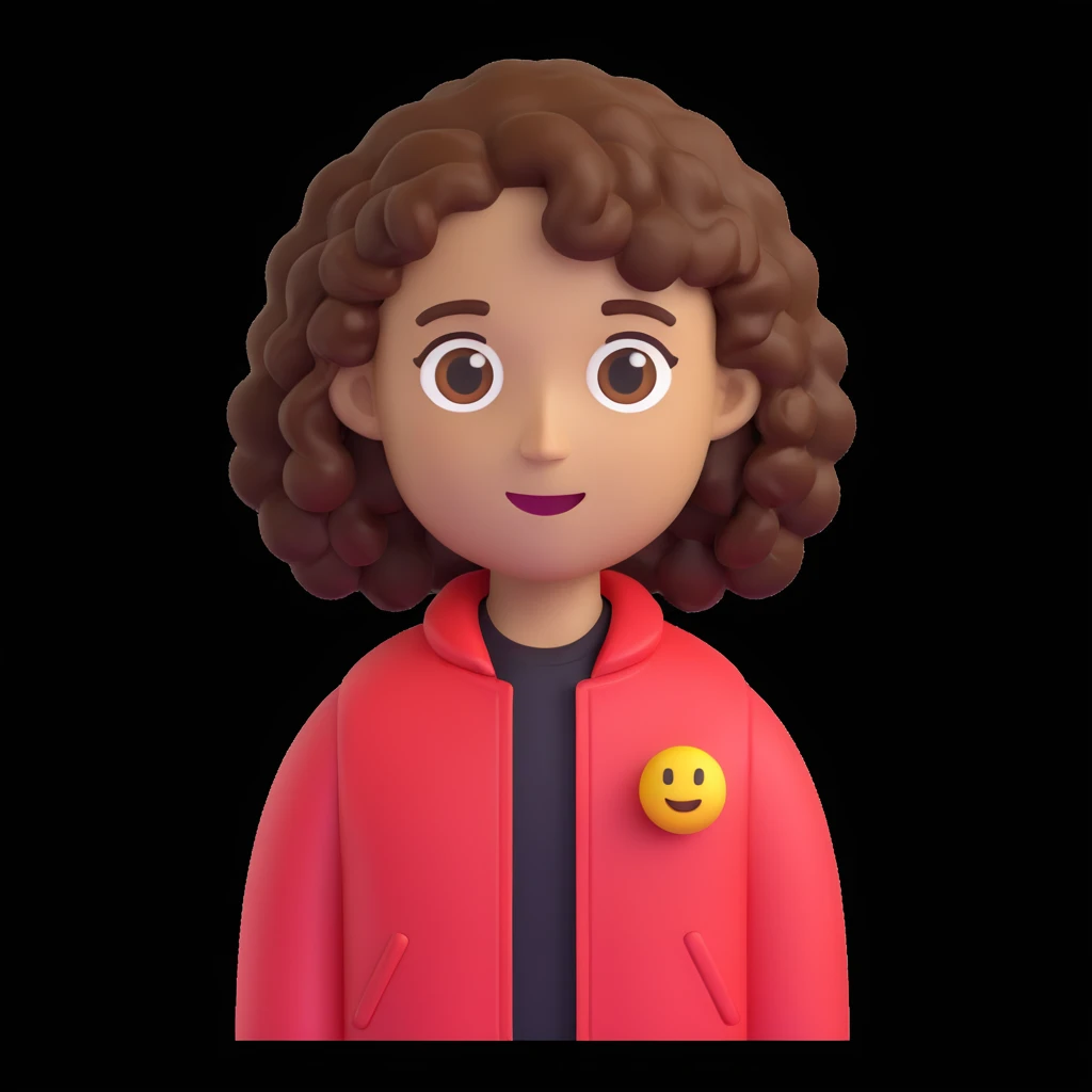 Convert the image into a 3D Apple-style emoji with simplified shapes, cartoon-like look, glossy finish, and soft shadows. Use a white background. Keep key features recognizable, including curly hair and red jacket. emoji