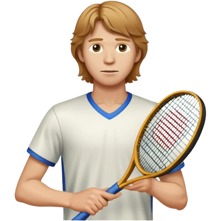 Andrey Rublev recognizable in the style of a well-developed emoji, cropped at the chest, holding a racket emoji