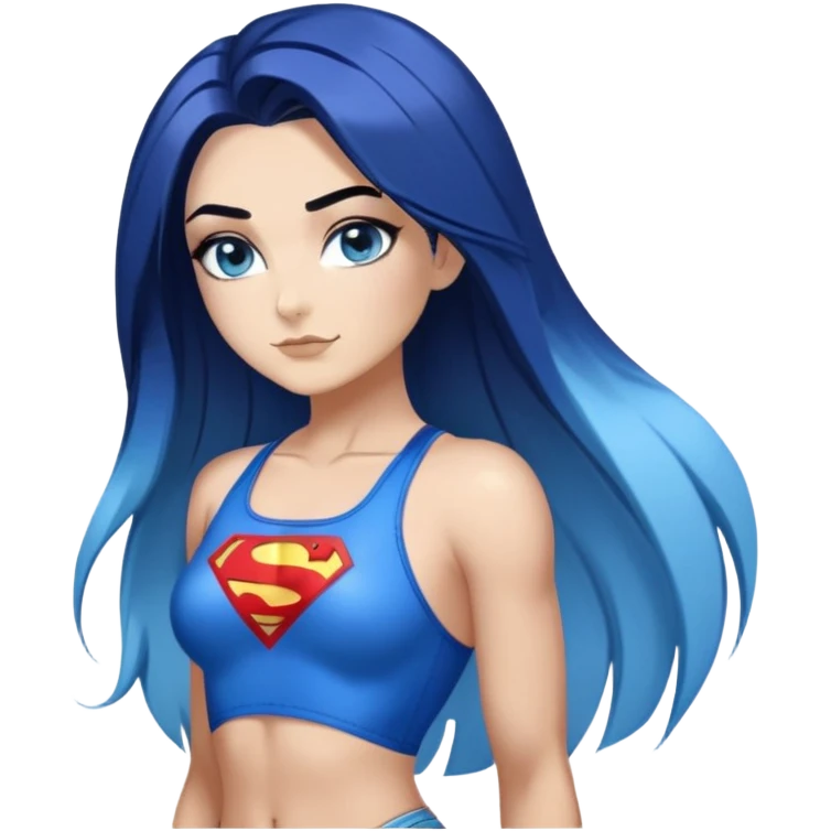 Sexy full body-very very very large upper body-sexy face-sexy pose-very long very straight dark blue to light blue hair ombre-and-blue eyes-black eyeliner-long eyelashes-irridescent small bikini top with superman logo-overalls shirts emoji