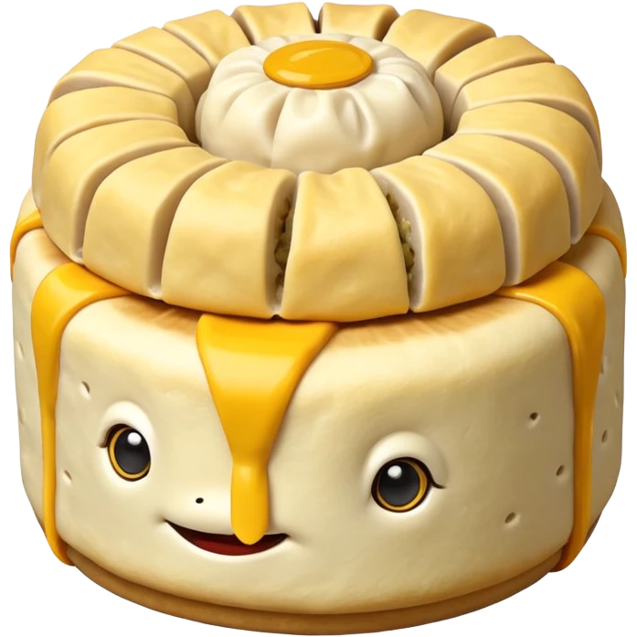 siu mai (a type of dim sum, just 1 cube of white color fish patty wrapped by yellow dough, leaving only the top part unwrapped, shape looks like short cylinder shape) emoji