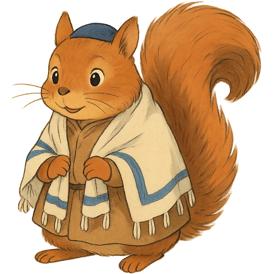 ghibli style squirrel with a kippah and prayer shawl emoji