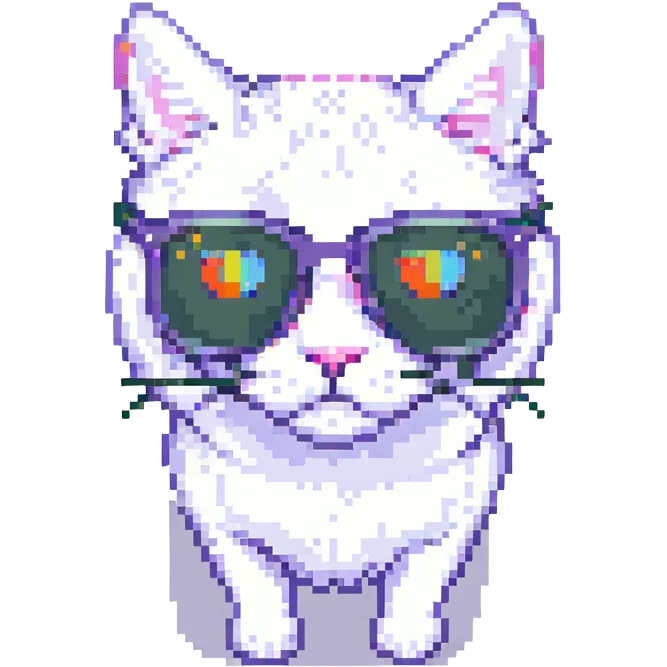 white cat wearing sunglasses, pixel art style emoji