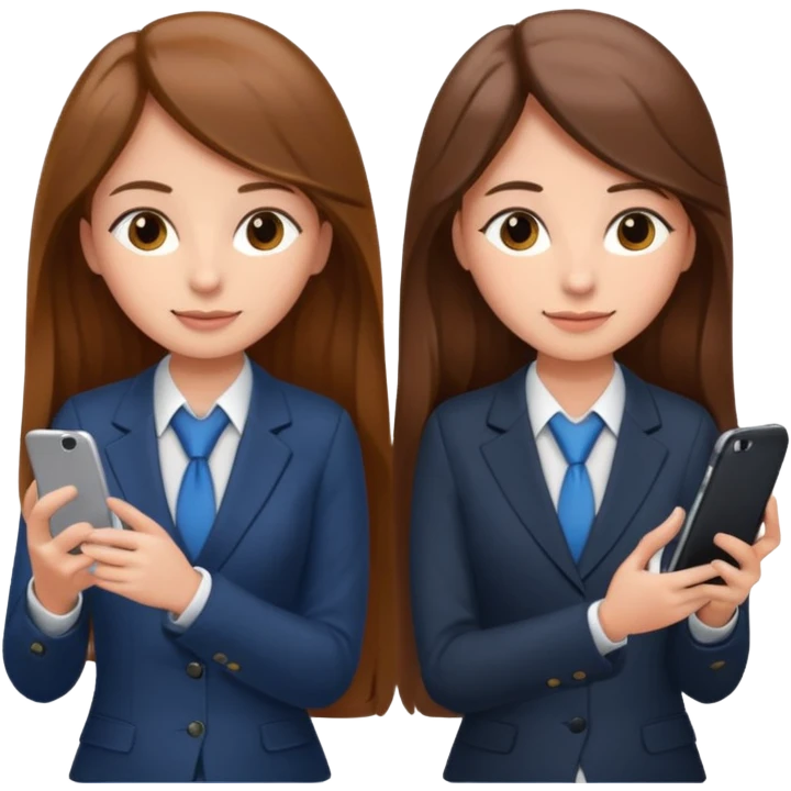 two brown haired girls, looking professional maybe leaned on each others back and looking forward and using phones, with long hair and one girl can hold lap top another one can hold the phone, professional clothes emoji