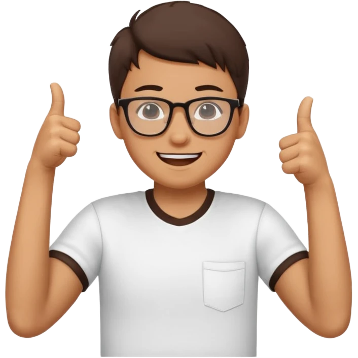 un estudiante que este parado con sus lentes guiñando el ojo y CON LAS MANOS HACIA ARRIBA DANDO LIKE emoji