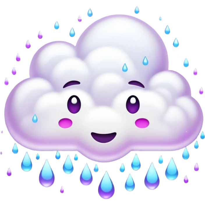 Slack gif emoji of cloud with purple rain drops falling down, but almost dancing down emoji