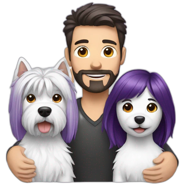 a family consisting of 1 white man with dark brown hair, 1 white woman with purple hair and 1 happy west highland white terrier emoji