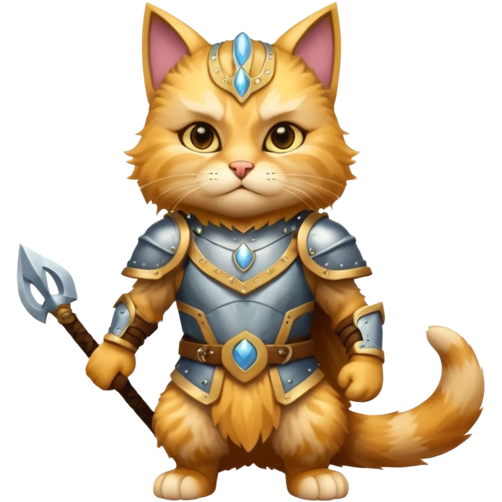 valorous Viking cat in Valhalla, detailed armor, heroic pose, glowing sky emoji