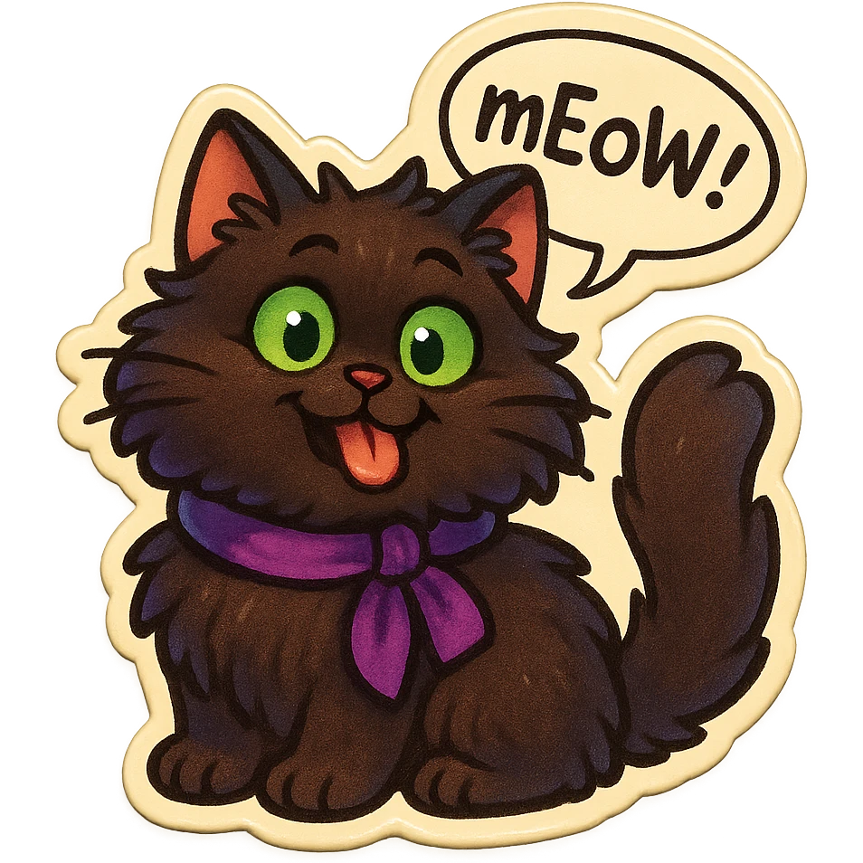 Fluffy cute derpy silly goofy funny dark-brown cat with green eyes and a purple scarf saying ‘mEoW~!’ (With a speech bubble) emoji