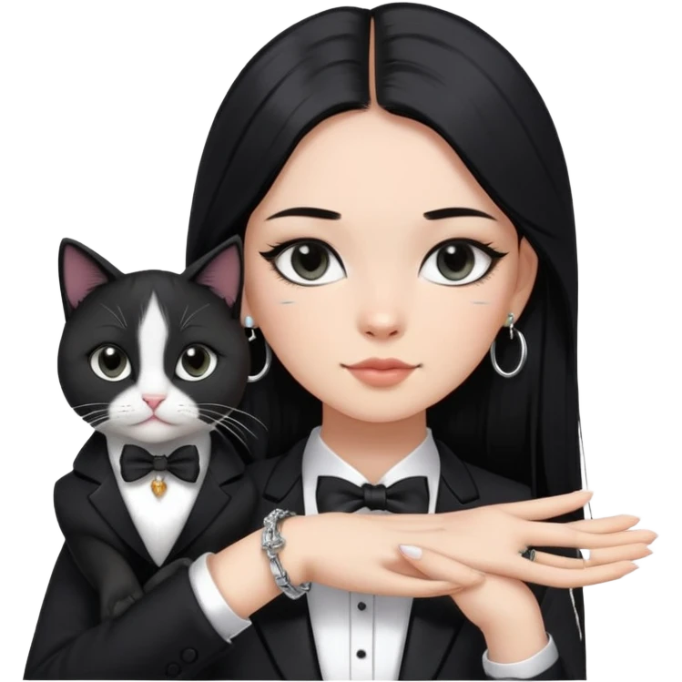 A girl with long straight black hair has upward-slanting eyeliner. She is wearing large silver hoop earrings, a black t-shirt, and a bracelet on her left hand. She is holding a  tuxedo cat with a black face  emoji
