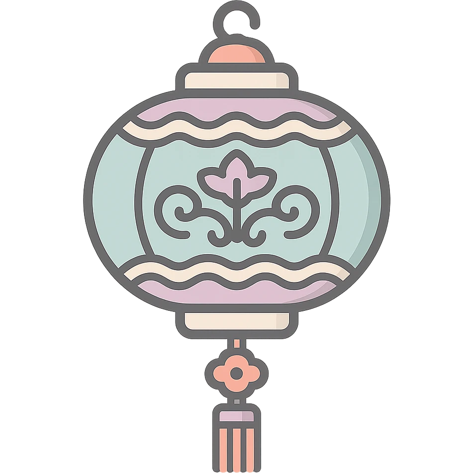Chinese lantern like the reference with an interesting ornament and decorative elements, in icon-color-outlined style. Not minimalist, no floral decor, detailed shadows and highlights, thin clean contours, soft rounded shapes, pastel palette #98B5BC, #B5B3C1, #C9A3C9, #E4C0CA, #F7DCD1, #F7C0AA. Modern Japanese pop art and sticker aesthetics, high detail, vector sharpness, soft lighting, transparent background. emoji