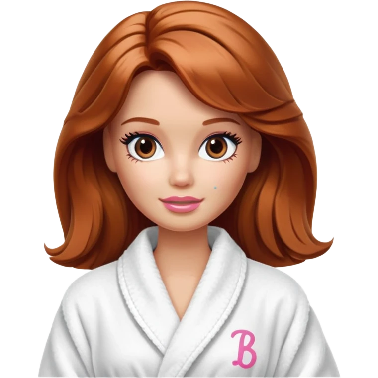 Barbie's face with shoulder-length reddish-brown hair, makeup, cream smeared on her face , in a bathrobe with emoji